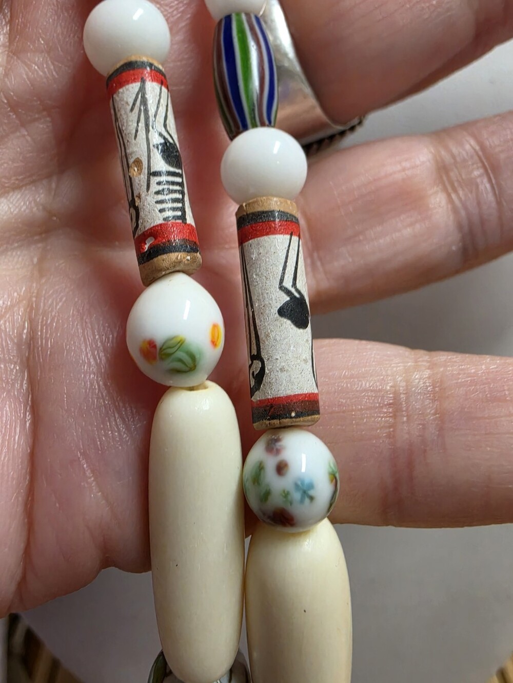 Vintage Artisan Trade Bead Art Glass Millefiori Bone Necklace - Picture 5 of 8